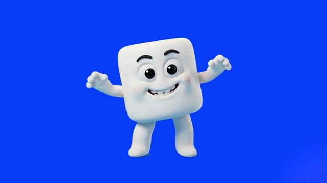 A hilarious 3D animated white cube or marshmallow character showing off its dance moves with a goofy, wide-toothed grin against a vibrant blue backdrop. Excellent graphic asset for sweet confectionery
