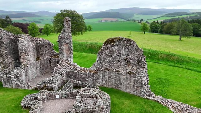 Cinematic Drone Flight Over Kildrummy Castle Medieval Ruins in Aberdeenshire Scotland
