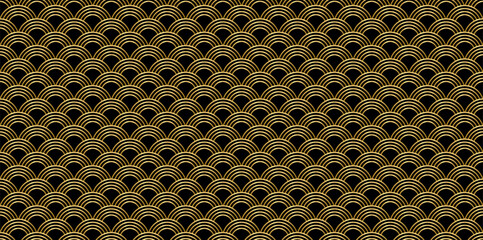 Gold fish scales create elegant mermaid texture with asian wave pattern. Seamless vector design features scallop motifs perfect for luxury oriental prints and wallpaper backgrounds © 2olotarev