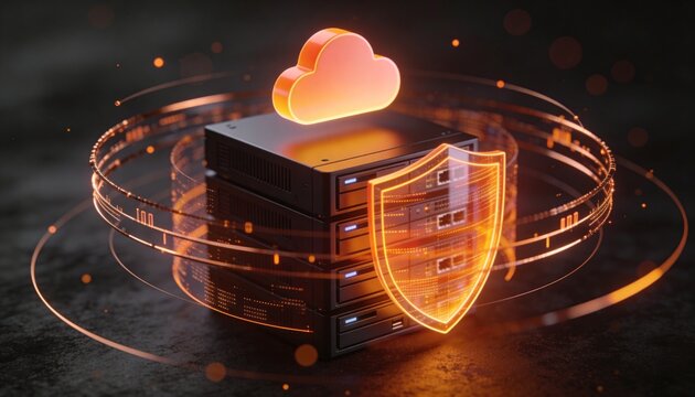 Secure cloud storage protected by digital shield and encrypted data streams, cybersecurity protection for online backup systems and modern cloud computing infrastructure