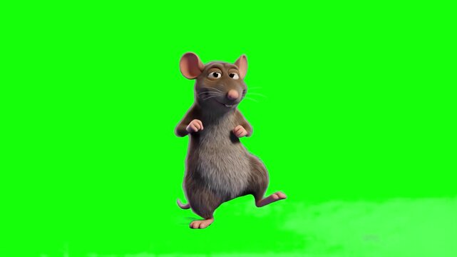 A dynamic 3D animated brown mouse or rat character standing on its hind legs and doing a joyful dance against a solid green screen backdrop. Ideal for animated fantasy storybooks, pest control comedy 