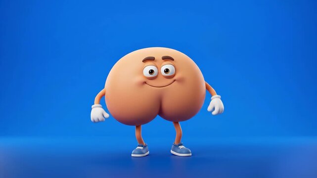 A humorous 3D digital illustration of a cheeky, round peach-colored butt emoji character standing on legs with white cartoon gloves and a smile, facing backward against a crisp blue background. Great 