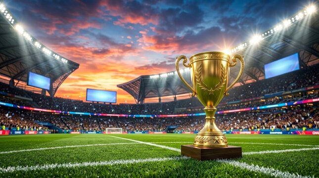 Golden champions cup on soccer field corner line inside packed sports stadium at sunset background