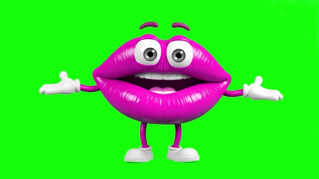 A quirky 3D animated mascot featuring vibrant purple or magenta lips with big cartoon eyes and legs, joyfully dancing and gesturing on a solid green screen backdrop. Ideal for pop culture content, cos