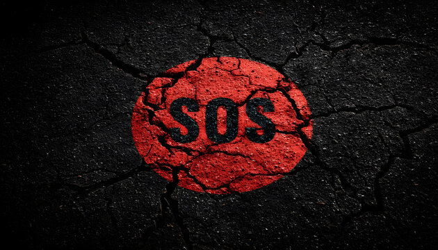 An SOS distress signal within a red circle on a dark, heavily cracked asphalt surface, symbolizing crisis, disaster, and an urgent call for help or rescue