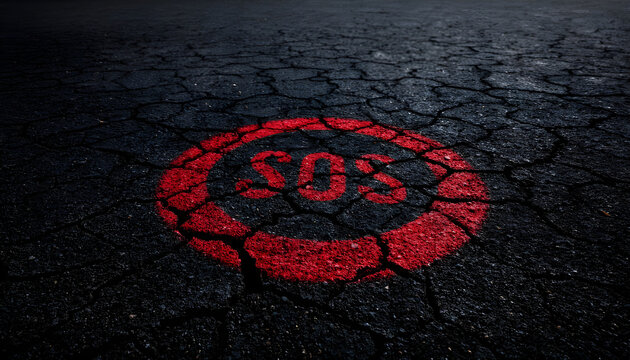 An SOS distress signal within a red circle on a dark, heavily cracked asphalt surface, symbolizing crisis, disaster, and an urgent call for help or rescue