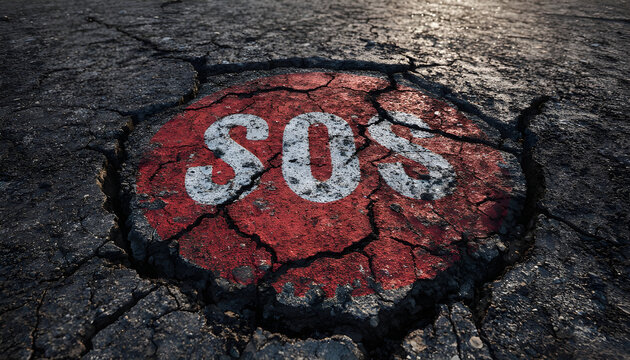 An SOS distress signal within a red circle on a dark, heavily cracked asphalt surface, symbolizing crisis, disaster, and an urgent call for help or rescue