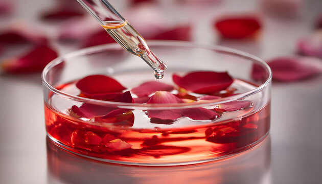 Rose petals float in red liquid within petri dish. Dropper adds oil drop to floral. Science lab setting for beauty and spa product creation.