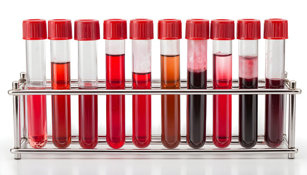 Many test tubes with blood samples in rack isolated on white