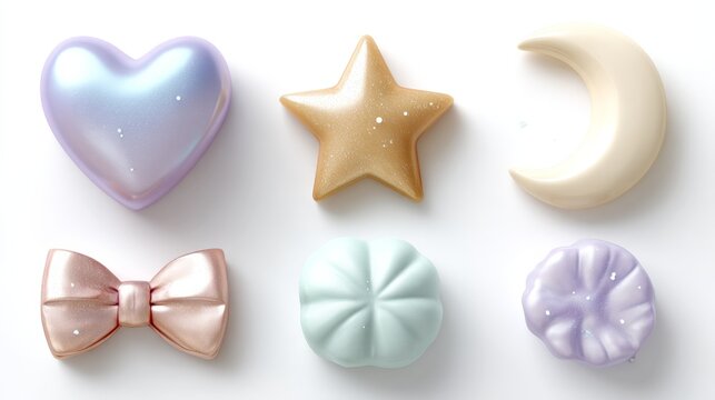 Pastel treats glow softly with sparkly finish. Heart, star, moon, bow, and flower shapes invite delight. Each candy-like form shines with gentle hues. Ideal for whimsical or dreamy themed projects
