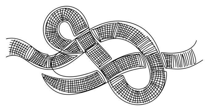 Abstract intertwined geometric knot with grid pattern, modern creative ribbon design element, complex graphic loop for branding or logo vector illustration