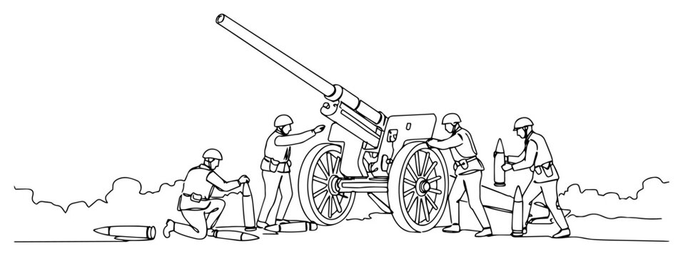 Artillery cannon and soldiers continuous line drawing, historical military battle scene illustration, world war vintage weapon minimalist vector