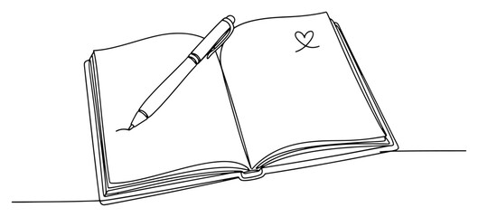 Naklejka premium Open notebook with pen and heart continuous line drawing, diary or journal illustration, minimalist writing and romance concept vector sketch