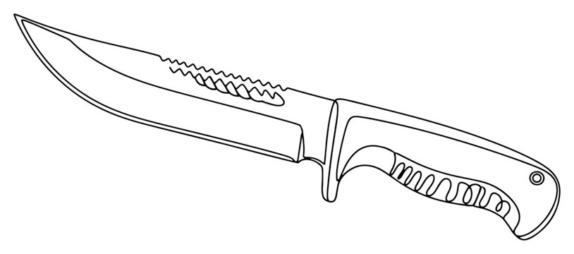 Survival tactical knife continuous line art, minimalist hunting or combat knife illustration, outdoor camping gear and military weapon vector sketch