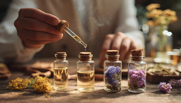 Production of homemade perfume concept. Perfumer makes aroma liquids parfume poures essential oil pipette to glass vial and closes cork cap, hand closeup. Fresh flowers near bottles on wooden table.