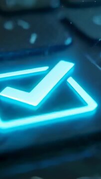 Vertical video: Approaching fingertip pressing cyan checkmark on keyboard at desk, scattering dust