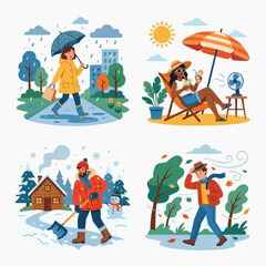 Fototapeta premium Four Seasons Weather Conditions People Enjoying Different Climates Outdoor Activities