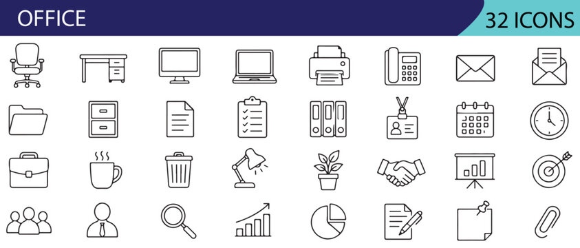 Set of 32 office icons each icon will be different, create a vector outline icons using white background and black color.
