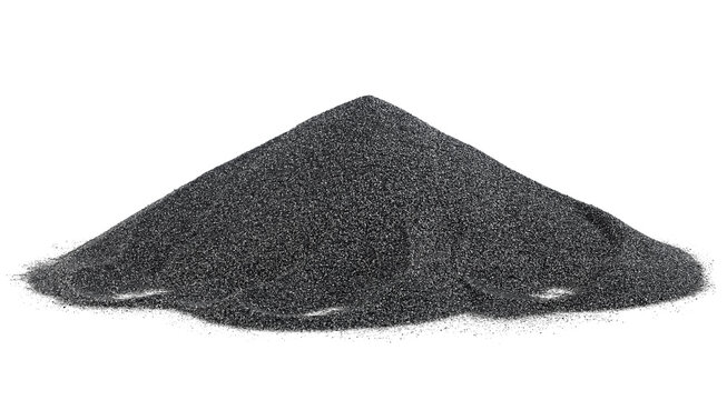 Top quality black quartz substrate isolated on a white background. Pile of crushed quartz, black sand crystals.