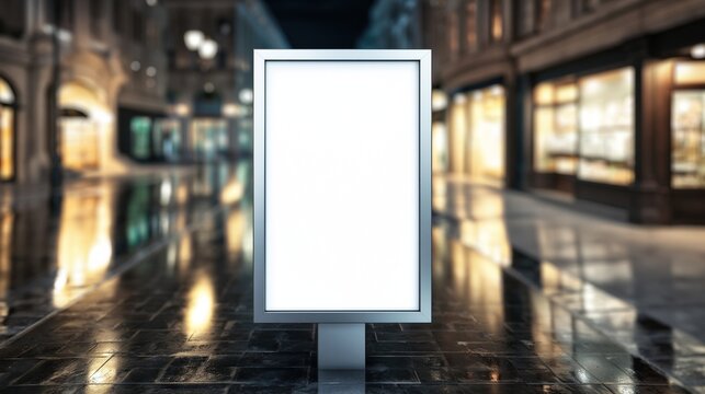 Blank advertisement lightbox on a wet urban sidewalk at night, empty white screen for mockups framed by blurred storefront lights and reflections, ideal for promotion and branding