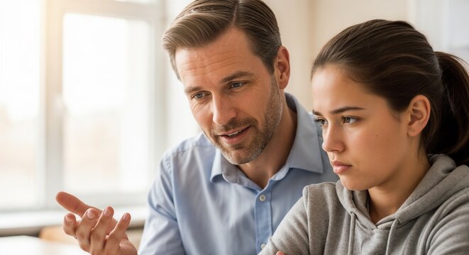 Teacher talking to upset student in classroom setting with focus on conversation. Educator engages with student showing concern and support during difficult time.