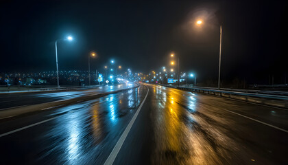 Fototapeta premium Night Drive on Wet Empty Highway with Street Lights