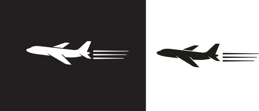 Fast flight aircraft silhouette icons with speed trail lines isolated on dark and transparent background graphics.
