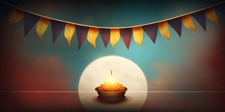 traditional golden diwali oil lamp or diya burning on a dark background with colorful party flag bunting and glowing moonlight illumination
