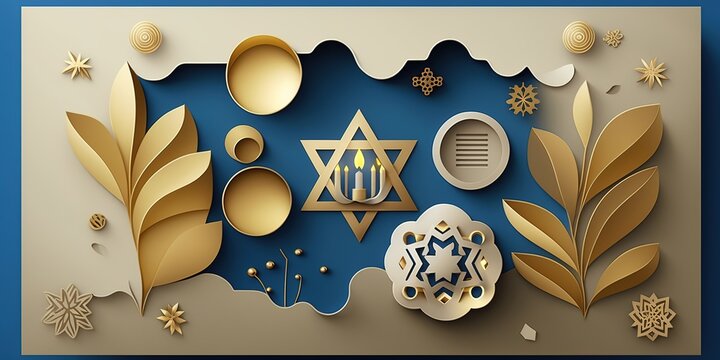 elegant chanukkah flat lay background with paper cut style golden star of david menorah candle oil jug and leaves on dark blue backdrop