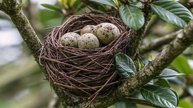 Bird Nest with Speckled Eggs Perched on Mossy Tree Branch Amidst Lush Foliage