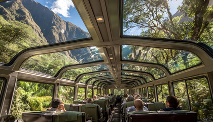Obraz premium Interior low angle shot of the panoramic glass ceiling on the Vistadome train to Machu Picchu, Peru. Travelers enjoy views of the lush jungle canopy and mountains through the skylight windows
