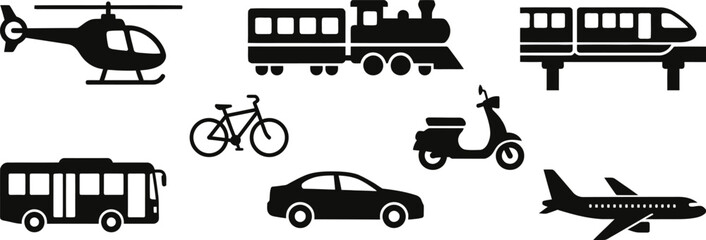 Naklejka premium Collection of silhouette transportation vehicles and aircraft isolated on transparent background.