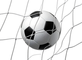 Naklejka premium Soccer ball stuck in a goal net on isolated white background
