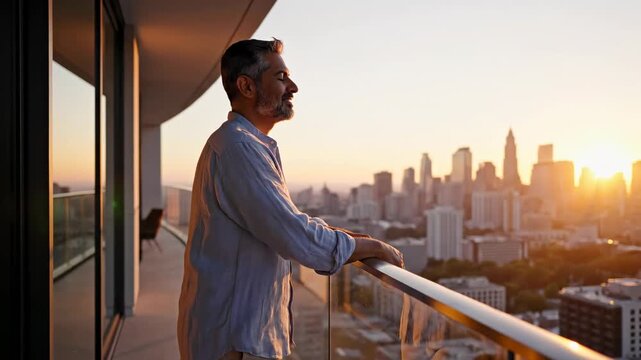 Mature man with a gentle smile enjoys a breathtaking panoramic vista of a vibrant illuminated metropolis at dawn, feeling inspired by the promise of a new day from his lofty perch overlooking