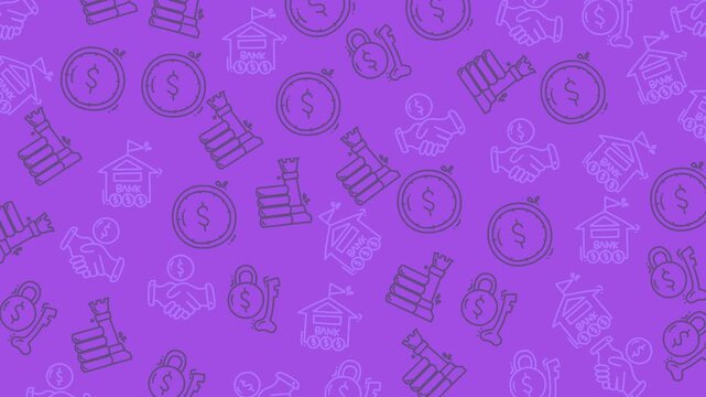 Purple background shows repeating financial icons. Dollar signs, houses, and bar graphs float softly. Clean lines suggest modern business or economic themes. Ideal for presentations, web design