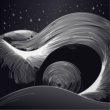 Paysage abstrait en noir et blanc avec lignes ondul&eacute;es