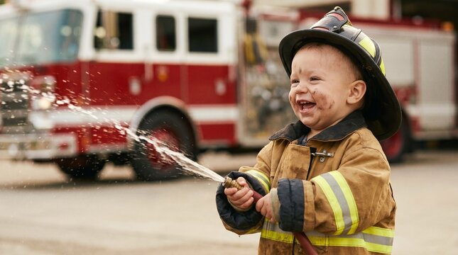 Adorable smiling toddler boy in an oversized firefighter costume playing with a water hose. Concept of childhood dreams, imagination, and future career
