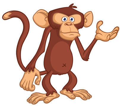Cartoon happy monkey with funny face expression standing and posing. Vector illustration isolated on white