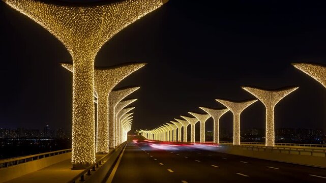 Night bridge with glowing golden columns and traffic light trails
