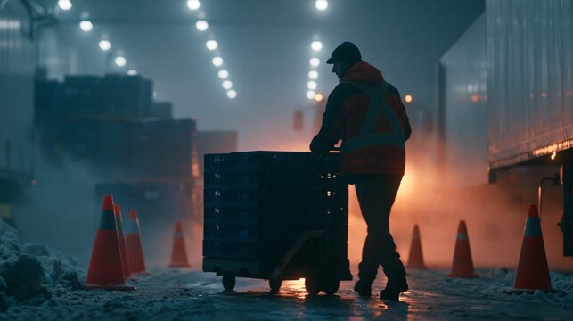 Worker maneuvering a hand pallet jack loaded with chilled poultry crates inside a busy cold storage dock surrounded by safety cones and misty frosty air captured with cinematic