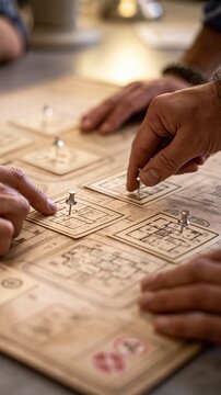 Creative workshop scene featuring hands pinning floorplan cards on a textured neighborhood layout with soft background blur highlighting intricate design elements and safety icons