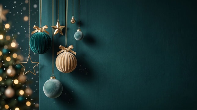 Sophisticated festive background featuring opulent Christmas baubles and stars in rich teal and cream, suspended on a dark emerald wall, embodying quiet holiday luxury
