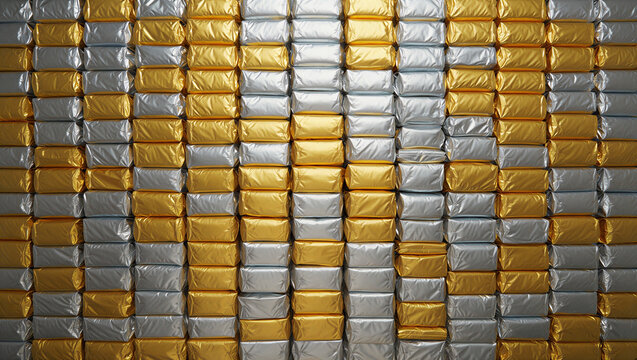 Abstract background of stacked rectangular blocks wrapped in gold and silver metallic foil in a repetitive pattern with metallic background abstract reflective industrial organized