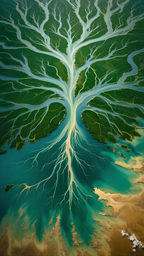 Aerial view of river delta forming natural tree-like landscape pattern with earth science landscape geography environment topography abstract channels tributary ecosystem habitats