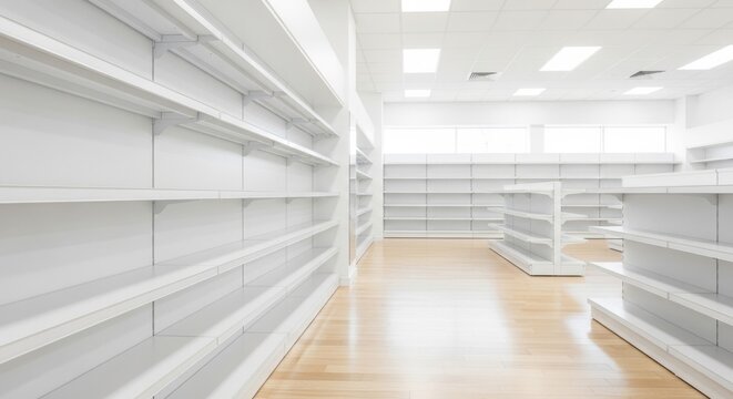 Empty white retail store shelves with wooden floor and bright natural light, offering ample copy space for branding and design