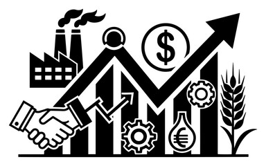 Fototapeta premium Business growth and economic development infographic silhouette, global industry agriculture and finance partnership concept illustration, upward market trend vector