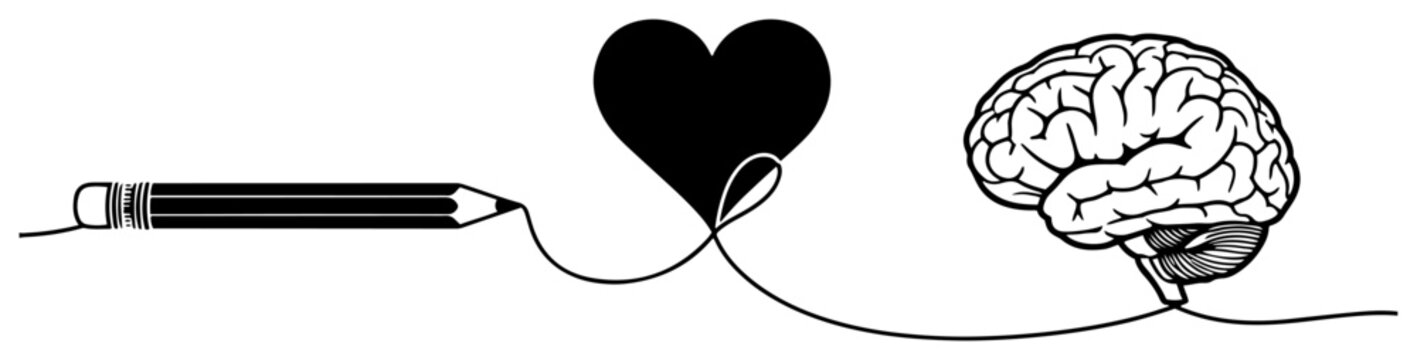Creative pencil drawing heart and brain continuous line art, education and psychology concept illustration, logic and emotion connection vector
