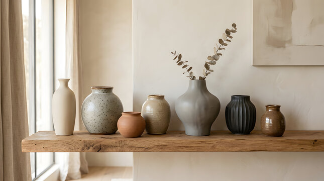 An autumn still life with a ceramic vase, a rustic pumpkin, and a traditional mate cup on an old wooden table
