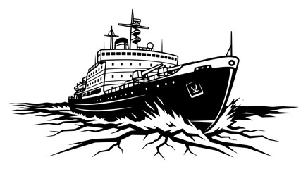 Icebreaker ship breaking ice in ocean linocut illustration, powerful arctic vessel silhouette, industrial maritime navigation vector art © Luka