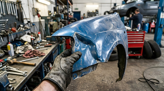 Mechanic repairing dented blue car fender in busy auto workshop with tools and equipment. Generative AI 